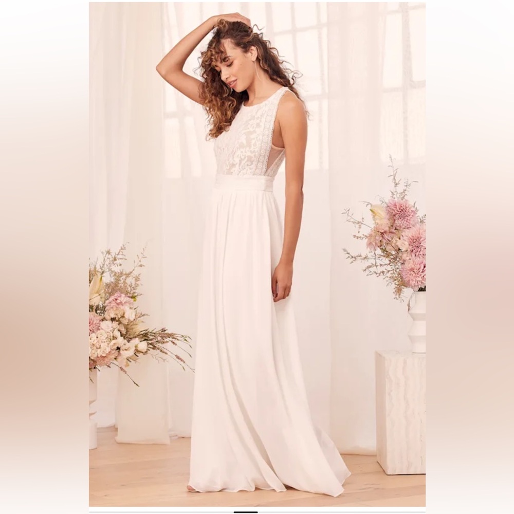 Lulus Forever and Always White Lace Maxi Dress Bridal Wedding Large NWT